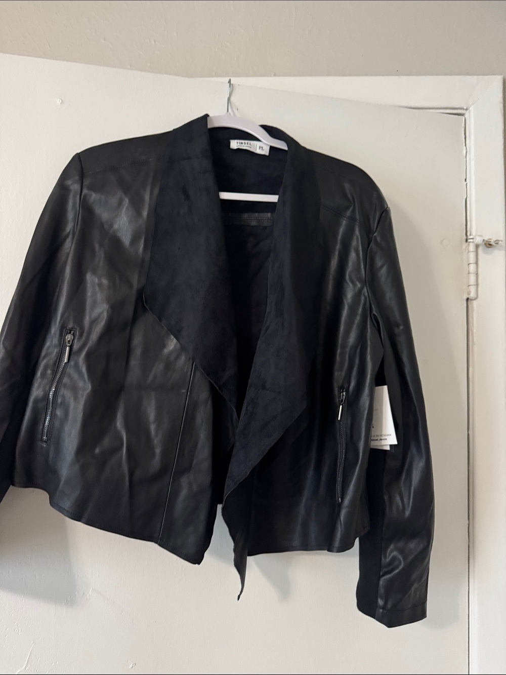 Tinsel Black Faux Leather Draped Open-Front Jacket